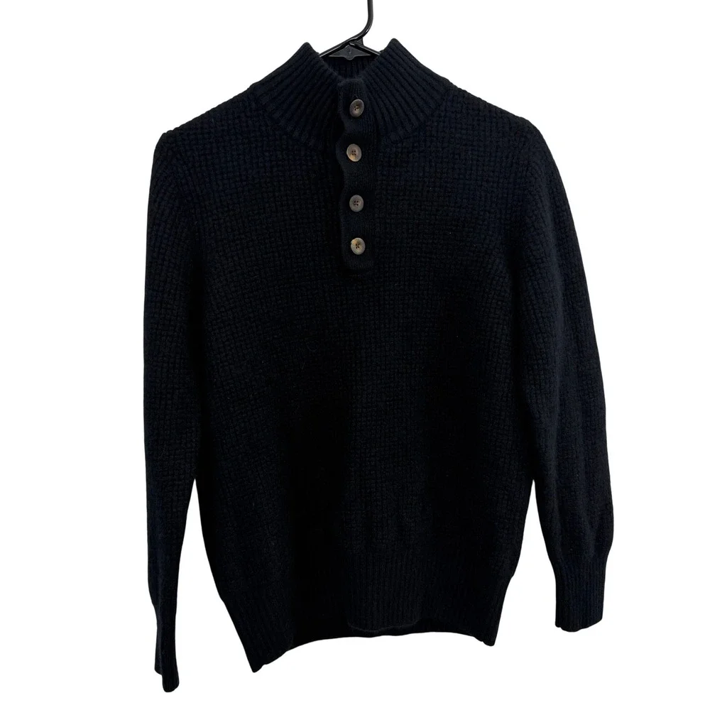 Quince Sweater Womens Size Medium Black Cashmere Waffle Knit Henley Mock Neck